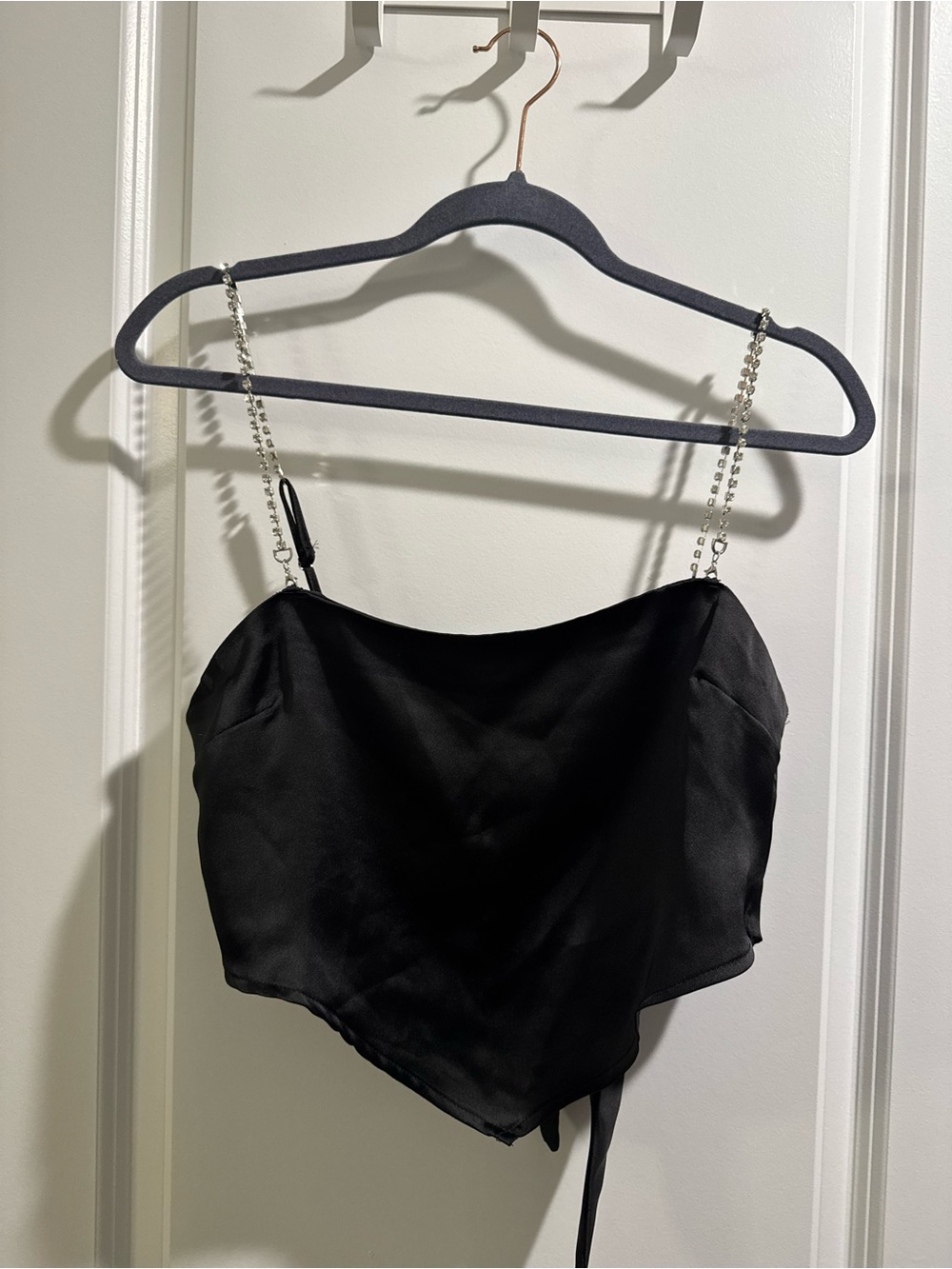 Garage Black Satin Crop Top with Silver Chain Straps